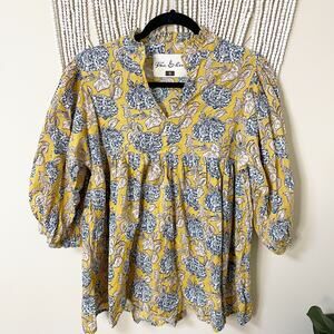Fox & Hen Cotton Yellow Blue Puff Sleeve Blouse S